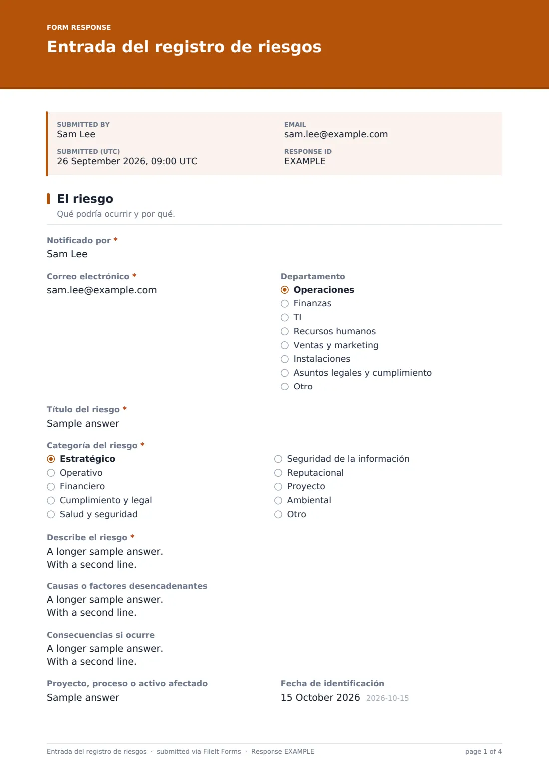 Entrada del registro de riesgos — PDF de respuesta de ejemplo, página 1 de 4