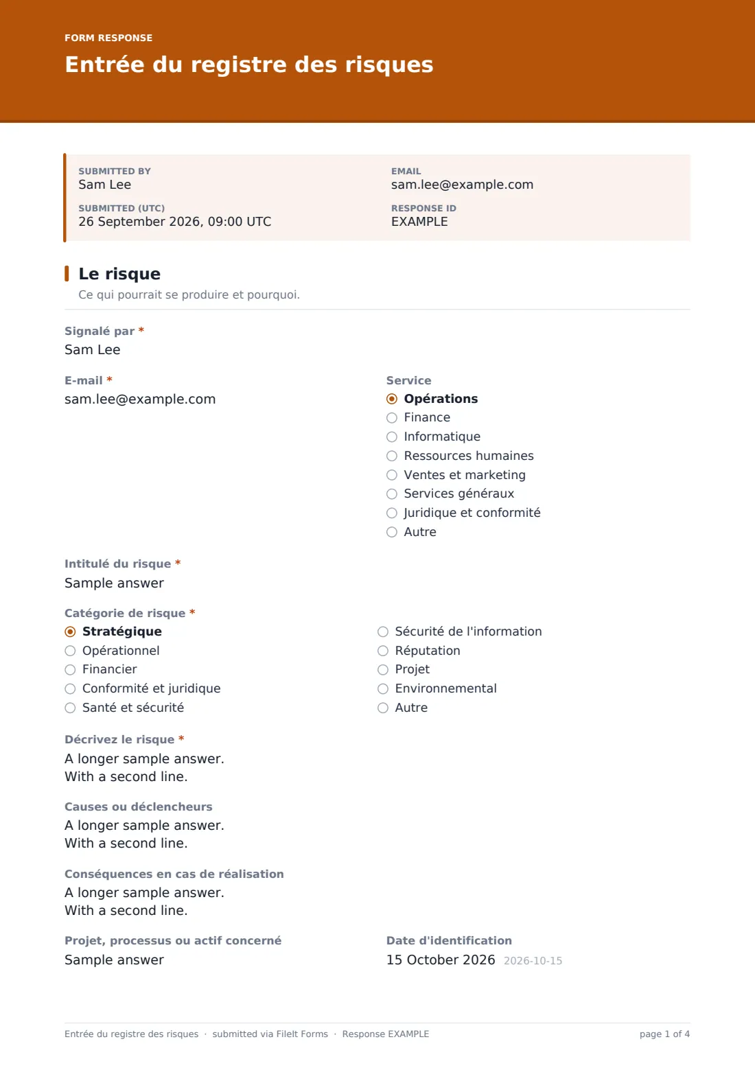 Entrée du registre des risques — exemple de réponse au format PDF, page 1 sur 4