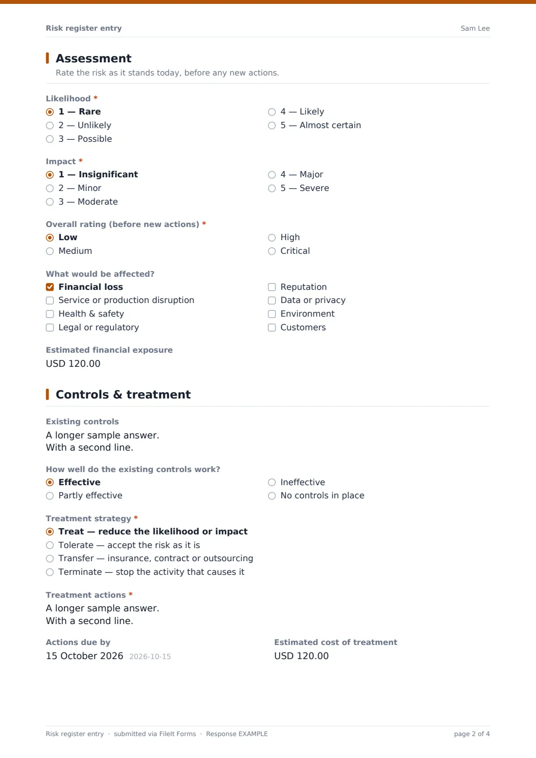 Risk register entry — example response PDF, page 2 of 4