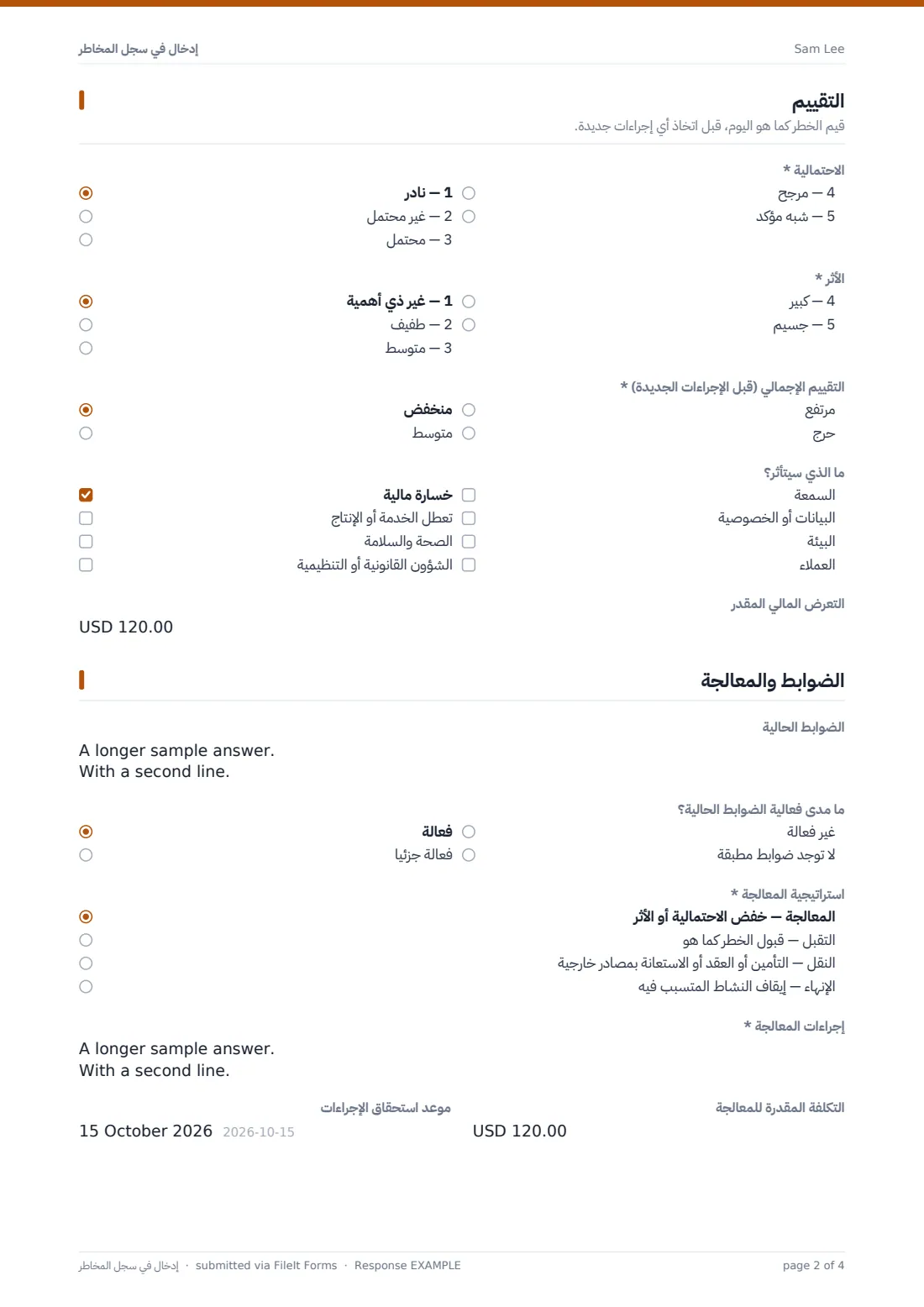 إدخال في سجل المخاطر — ملف PDF لرد نموذجي، الصفحة 2 من 4