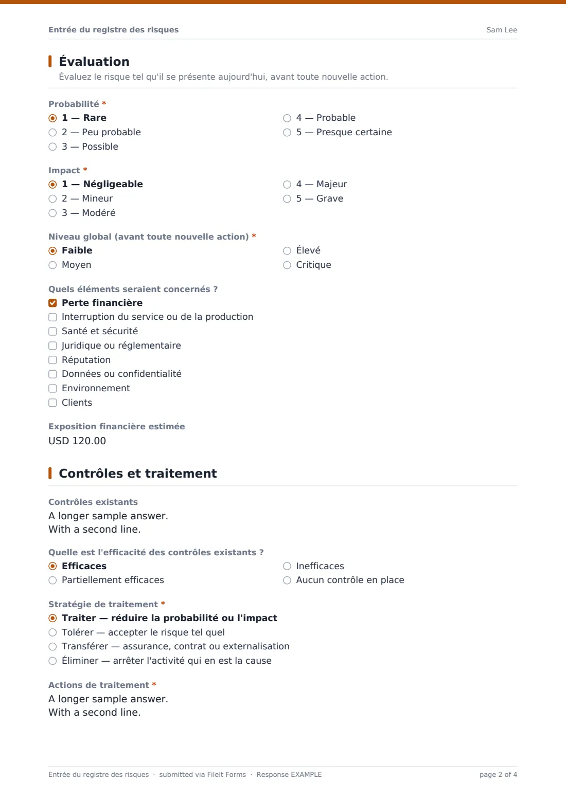 Entrée du registre des risques — exemple de réponse au format PDF, page 2 sur 4