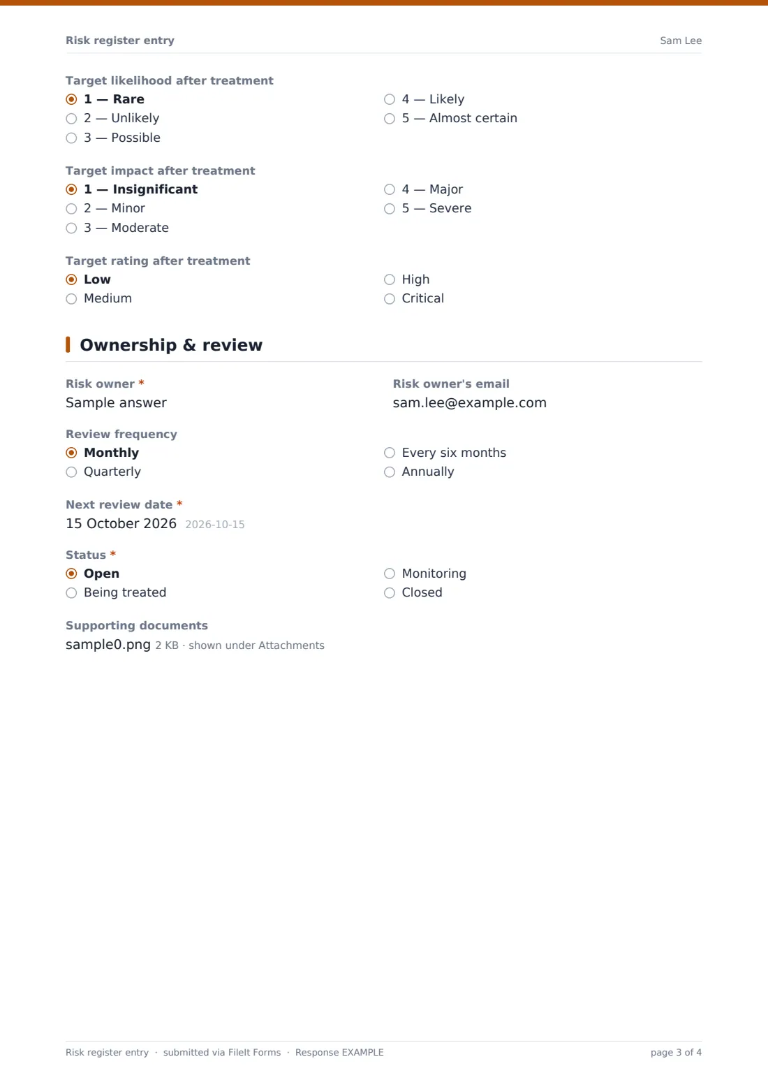 Risk register entry — example response PDF, page 3 of 4