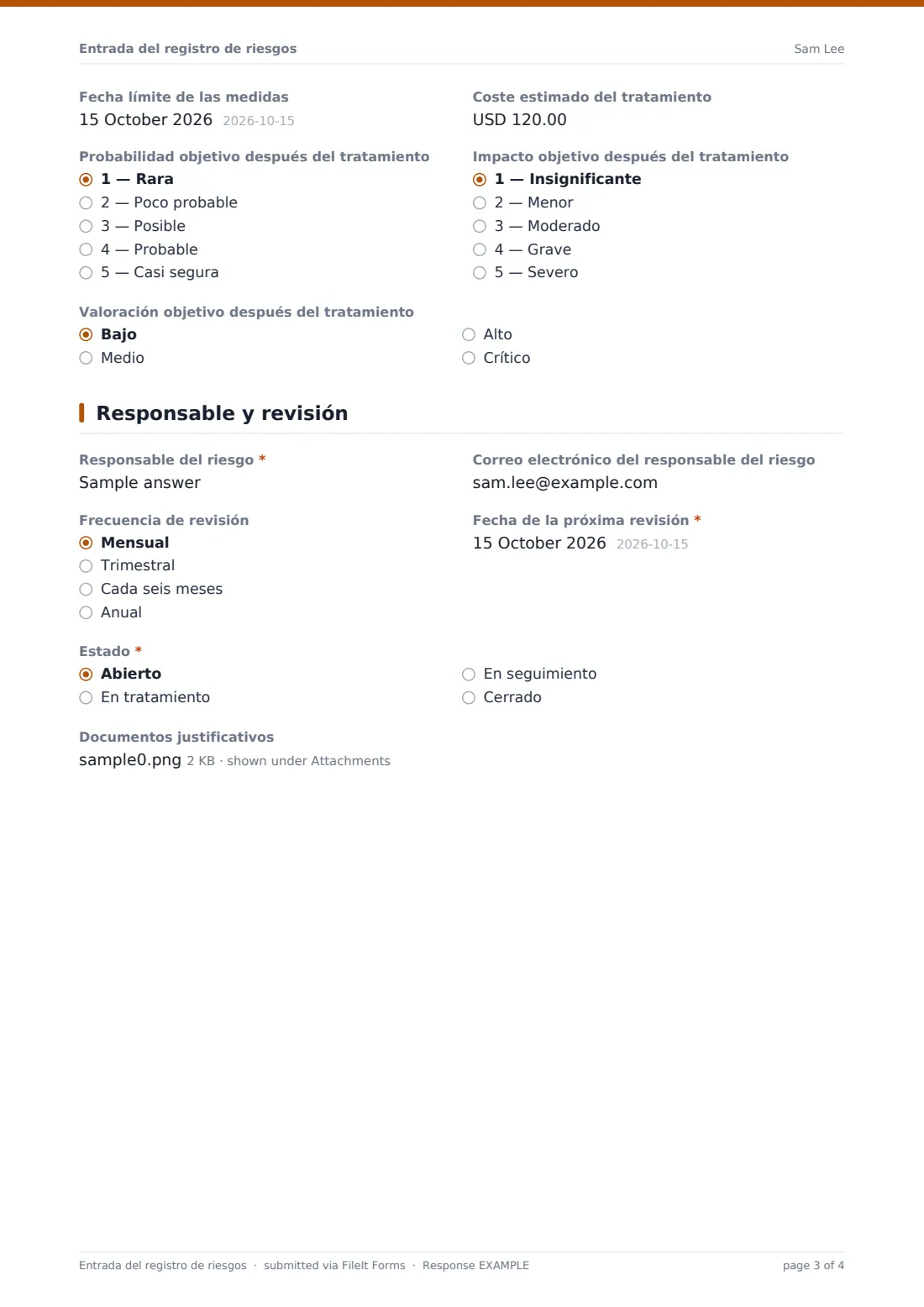 Entrada del registro de riesgos — PDF de respuesta de ejemplo, página 3 de 4