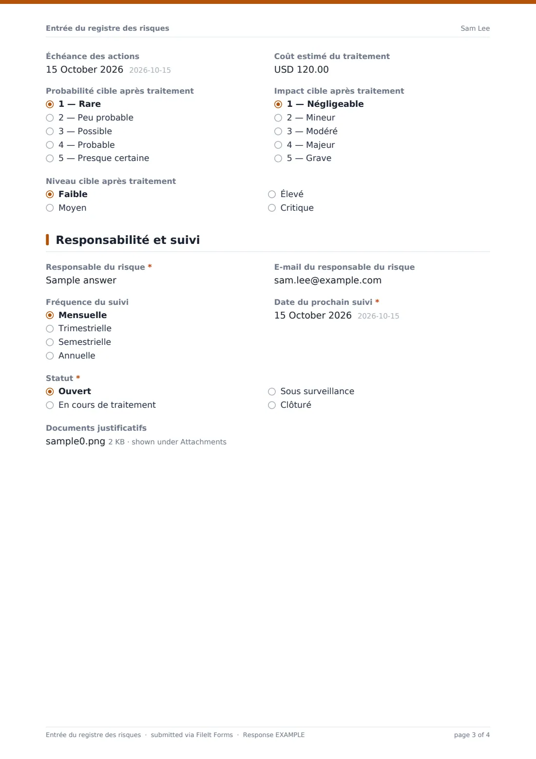 Entrée du registre des risques — exemple de réponse au format PDF, page 3 sur 4