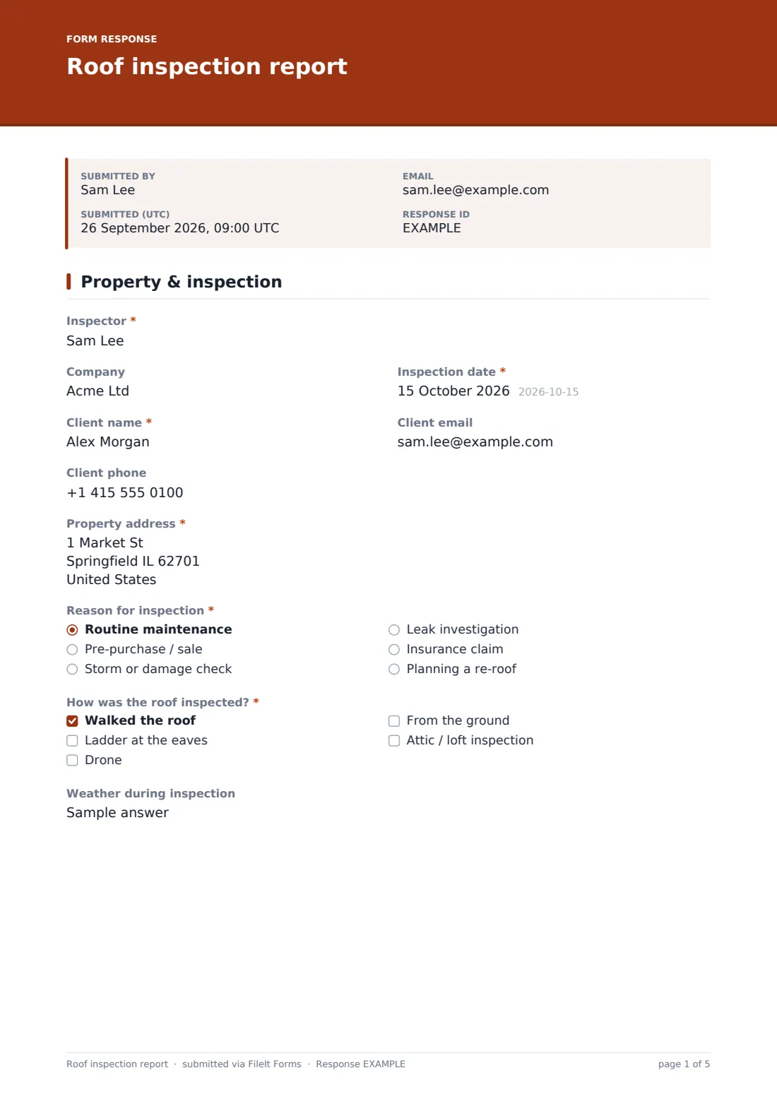 Roof inspection report — example response PDF, page 1 of 5