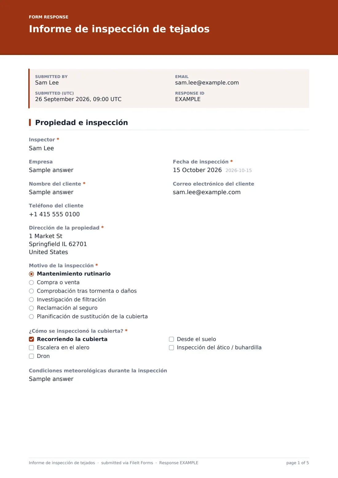 Informe de inspección de tejados — PDF de respuesta de ejemplo, página 1 de 5