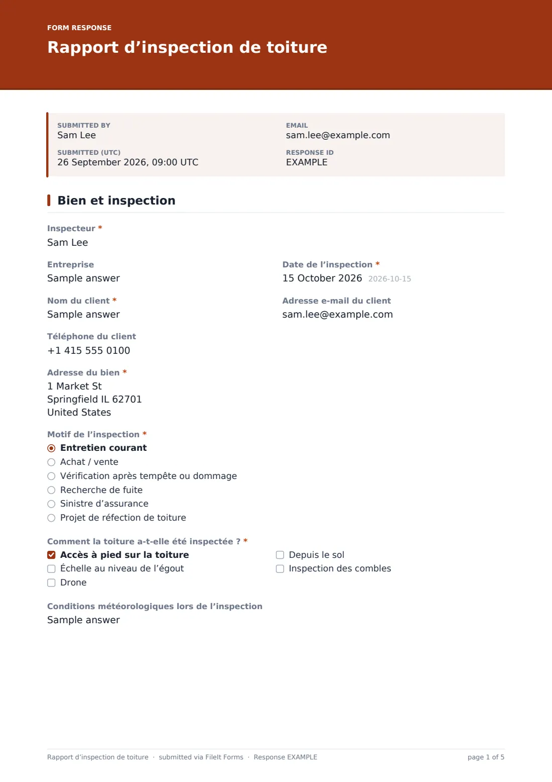 Rapport d’inspection de toiture — exemple de réponse au format PDF, page 1 sur 5
