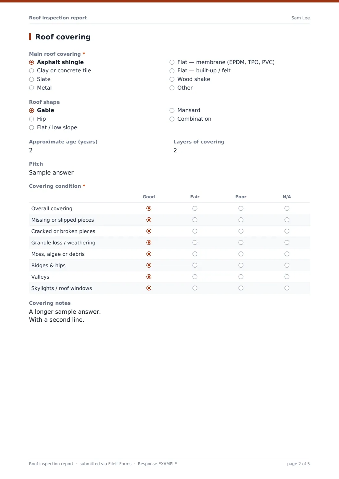 Roof inspection report — example response PDF, page 2 of 5