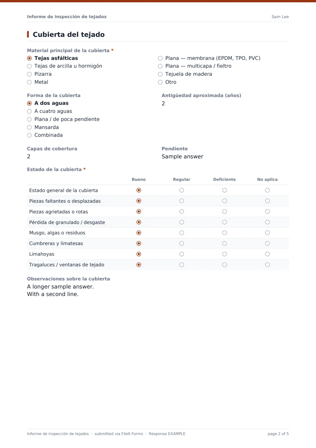 Informe de inspección de tejados — PDF de respuesta de ejemplo, página 2 de 5