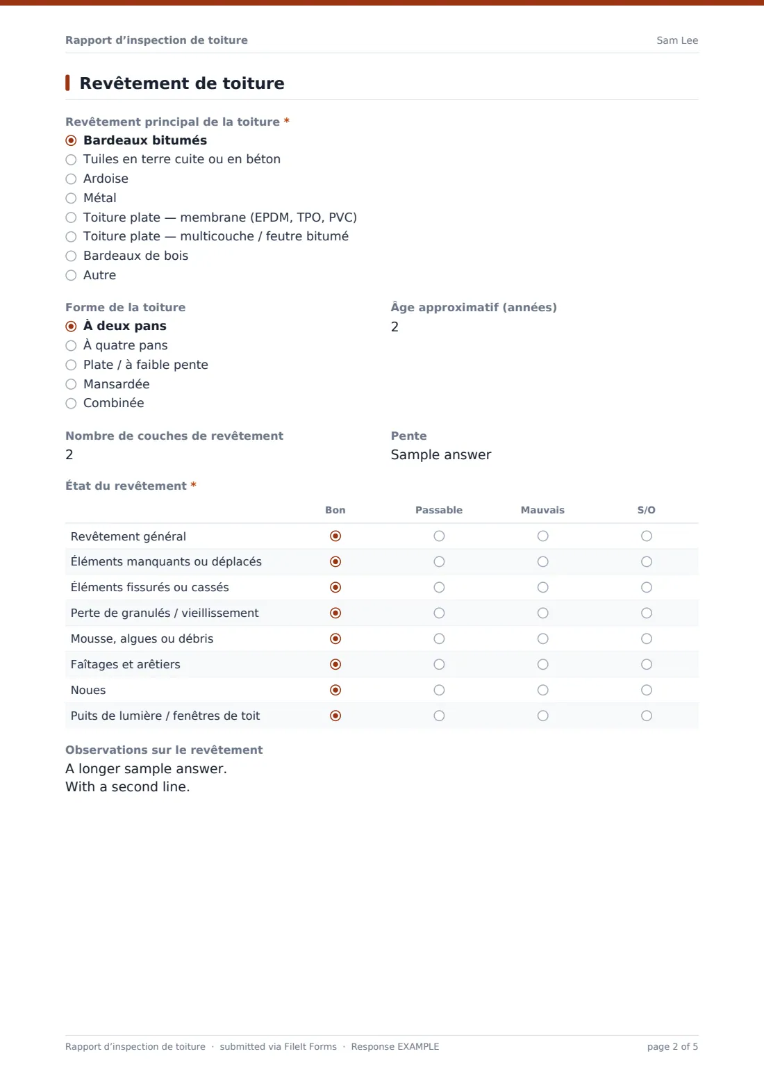 Rapport d’inspection de toiture — exemple de réponse au format PDF, page 2 sur 5