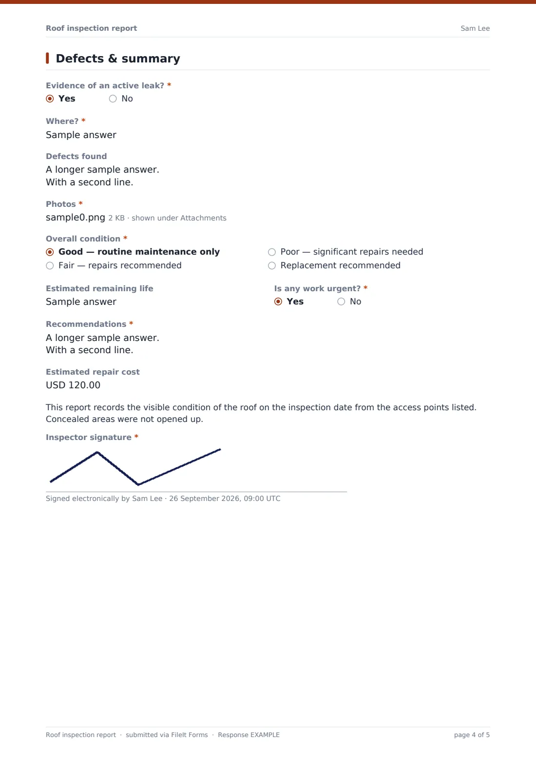 Roof inspection report — example response PDF, page 4 of 5