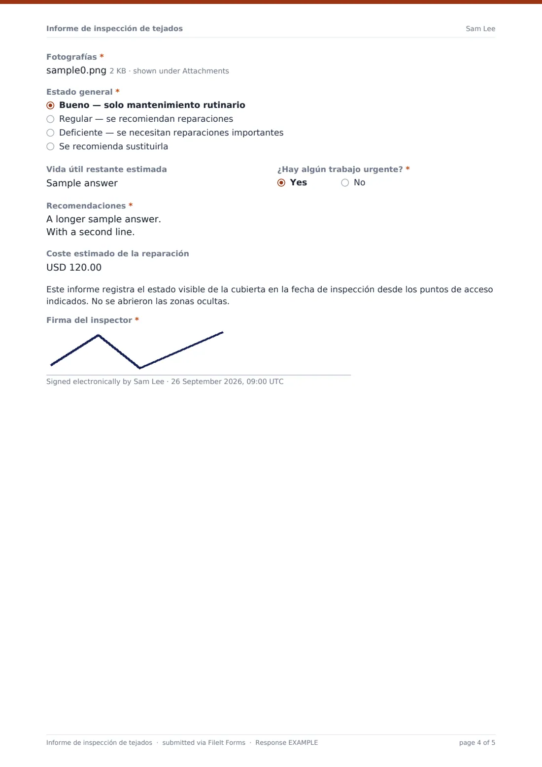 Informe de inspección de tejados — PDF de respuesta de ejemplo, página 4 de 5