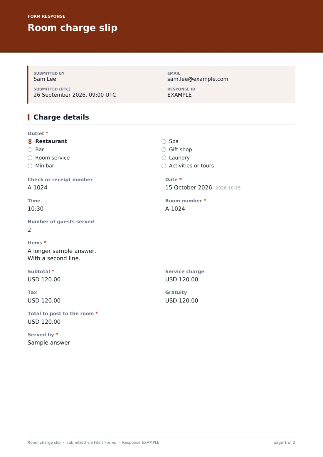 Room charge slip — example response PDF, page 1 of 2
