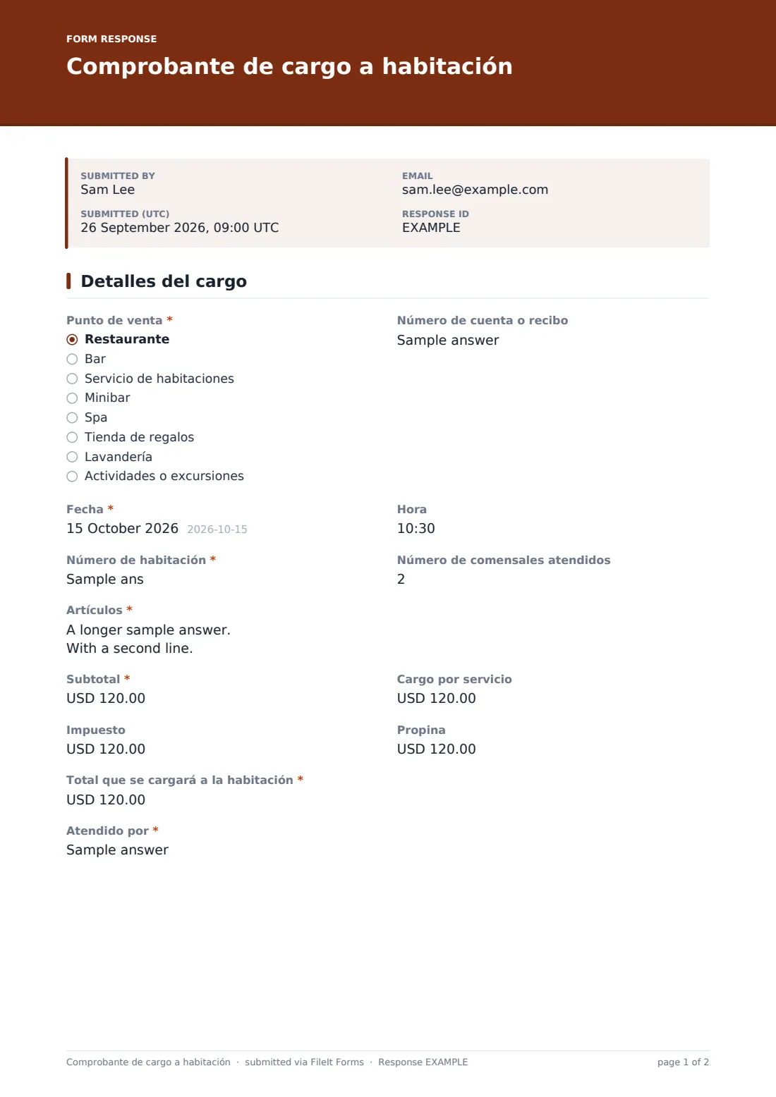 Comprobante de cargo a habitación — PDF de respuesta de ejemplo, página 1 de 2