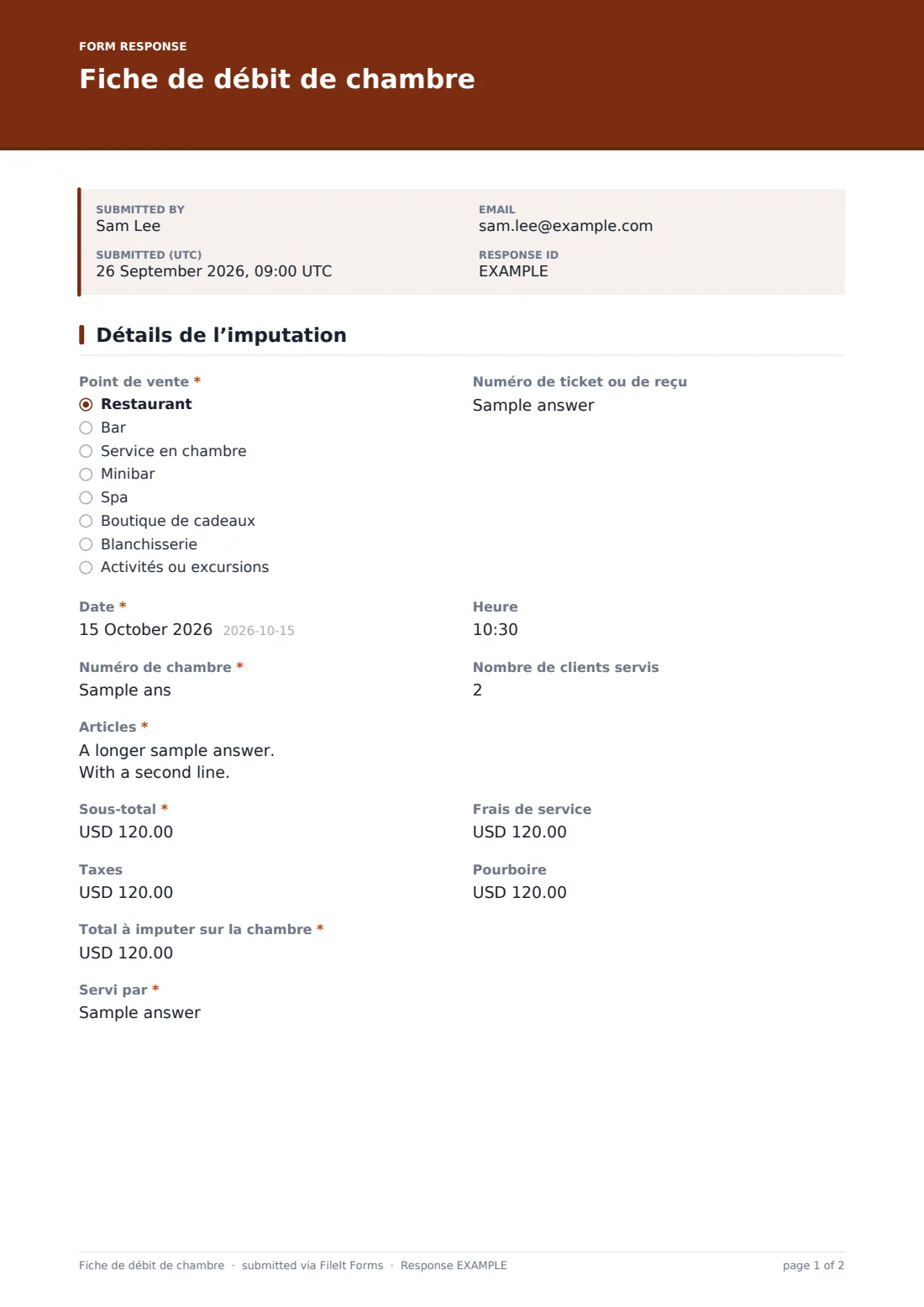 Fiche de débit de chambre — exemple de réponse au format PDF, page 1 sur 2