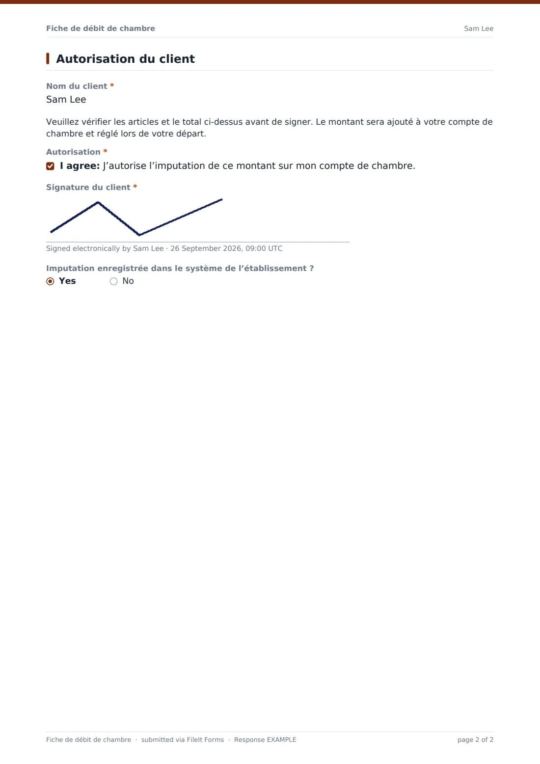 Fiche de débit de chambre — exemple de réponse au format PDF, page 2 sur 2