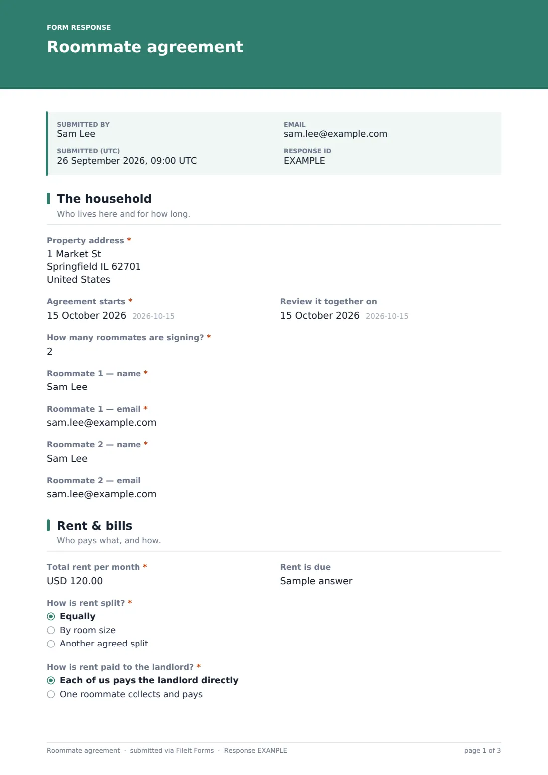 Roommate agreement — example response PDF, page 1 of 3