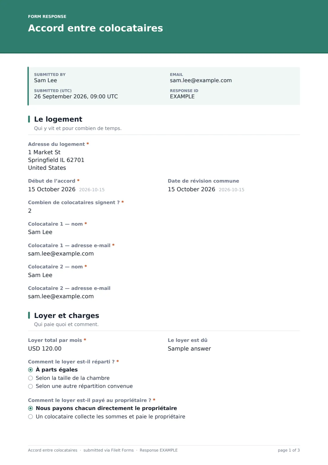 Accord entre colocataires — exemple de réponse au format PDF, page 1 sur 3