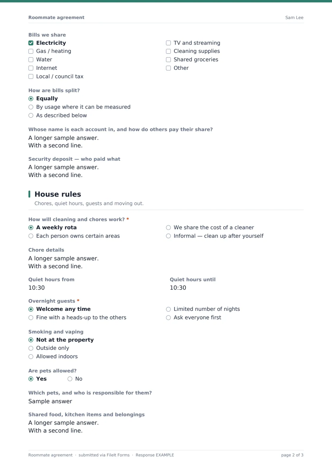 Roommate agreement — example response PDF, page 2 of 3