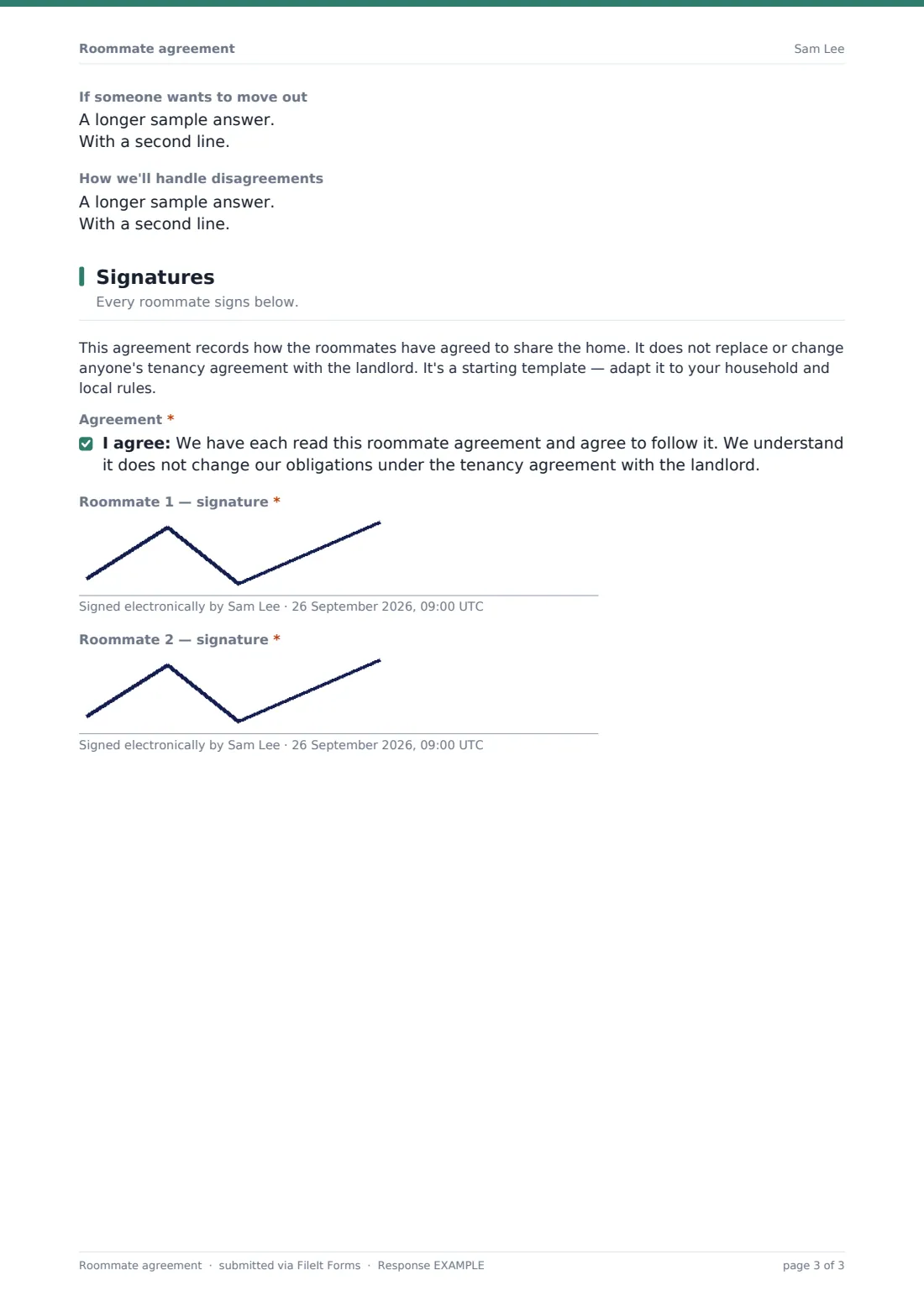 Roommate agreement — example response PDF, page 3 of 3