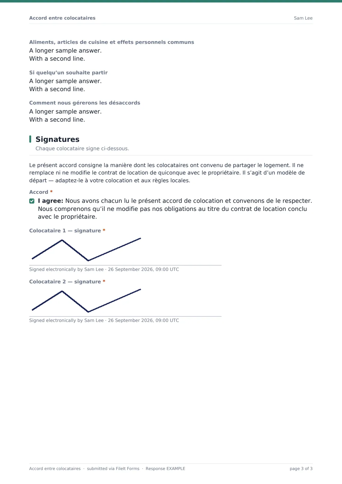 Accord entre colocataires — exemple de réponse au format PDF, page 3 sur 3