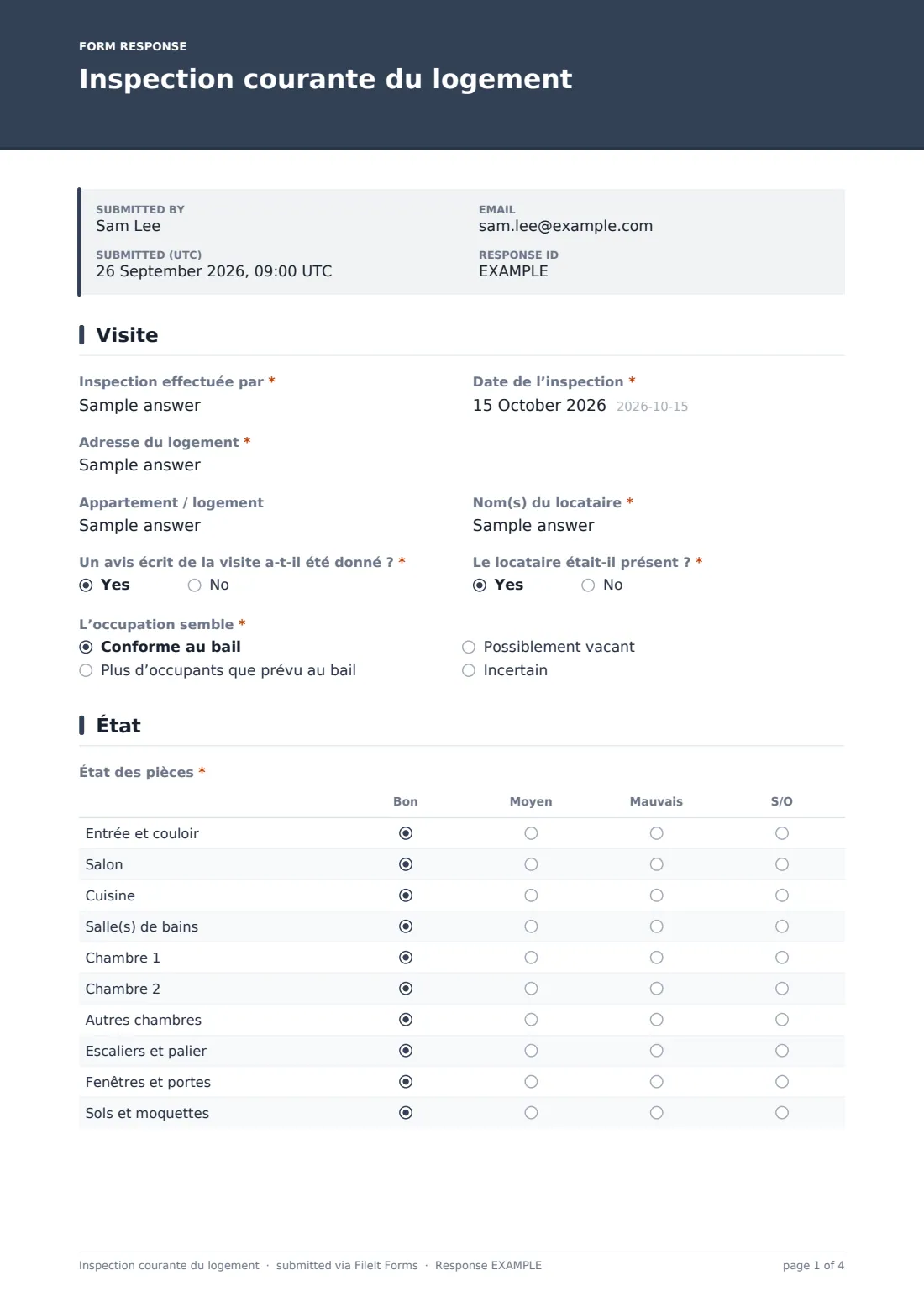 Inspection courante du logement — exemple de réponse au format PDF, page 1 sur 4