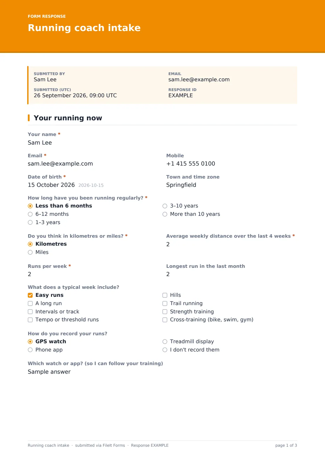 Running coach intake — example response PDF, page 1 of 3