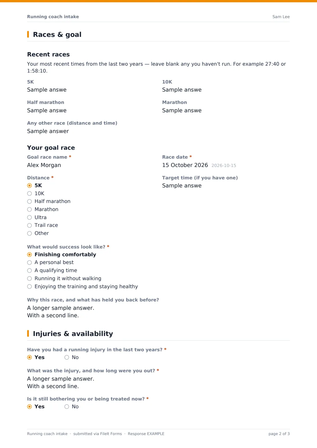 Running coach intake — example response PDF, page 2 of 3