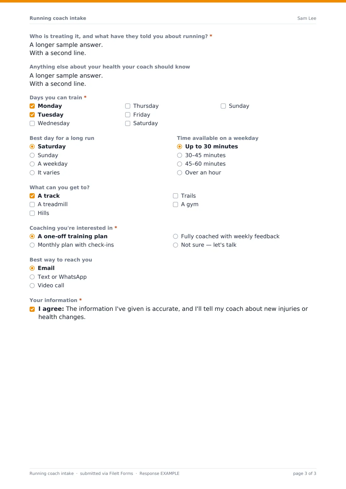 Running coach intake — example response PDF, page 3 of 3