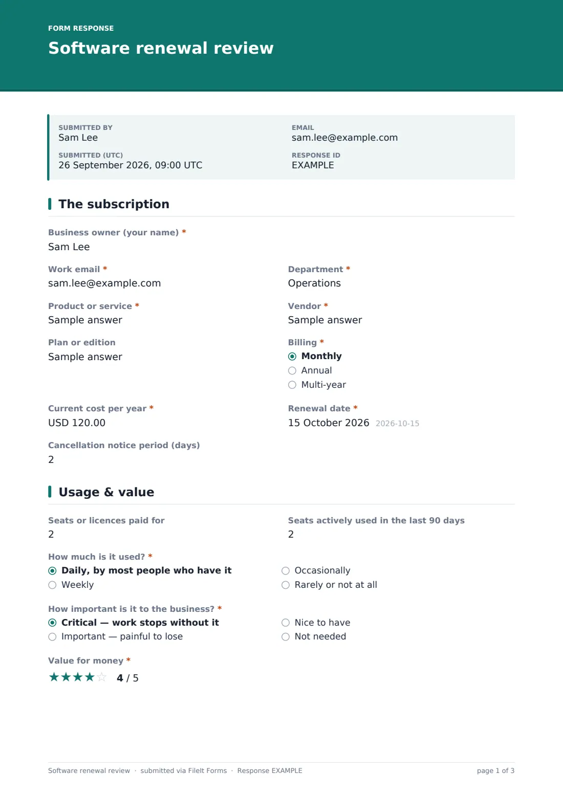 Software renewal review — example response PDF, page 1 of 3