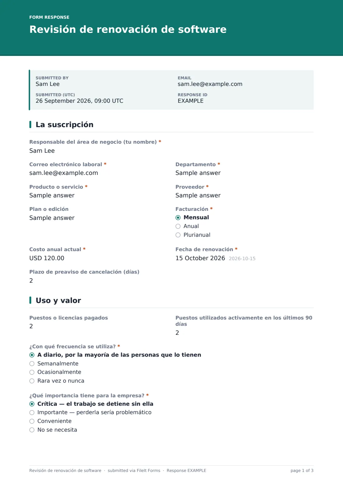 Revisión de renovación de software — PDF de respuesta de ejemplo, página 1 de 3