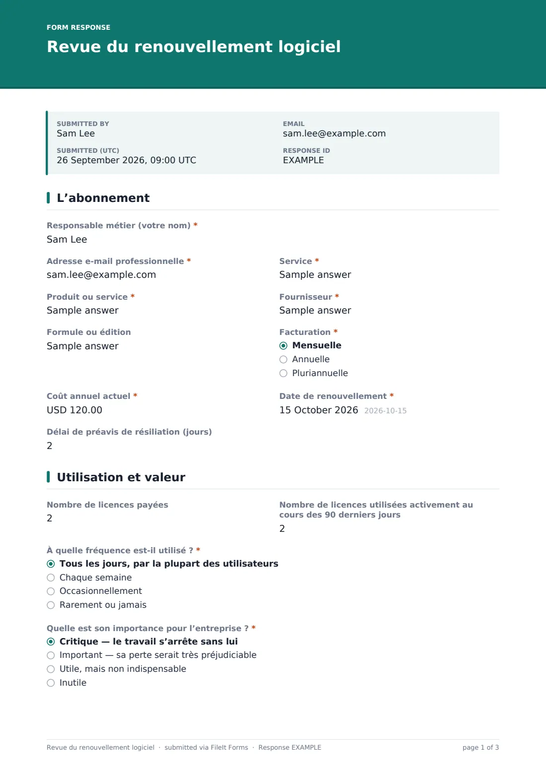 Revue du renouvellement logiciel — exemple de réponse au format PDF, page 1 sur 3