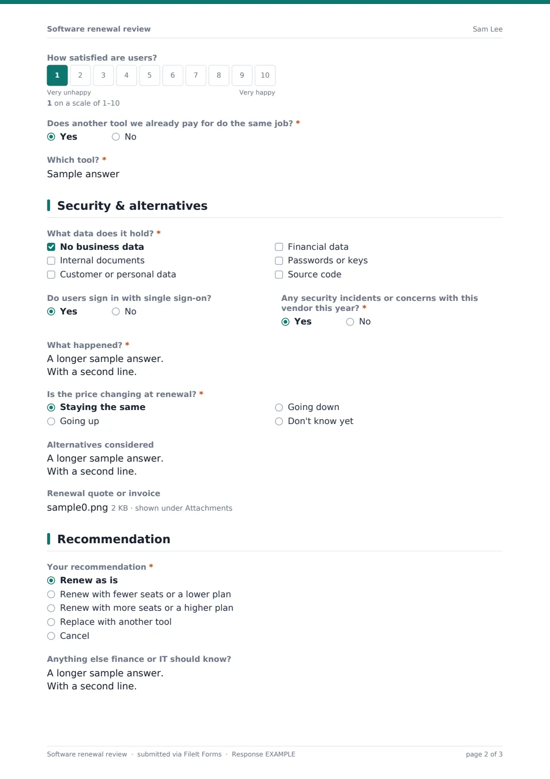 Software renewal review — example response PDF, page 2 of 3
