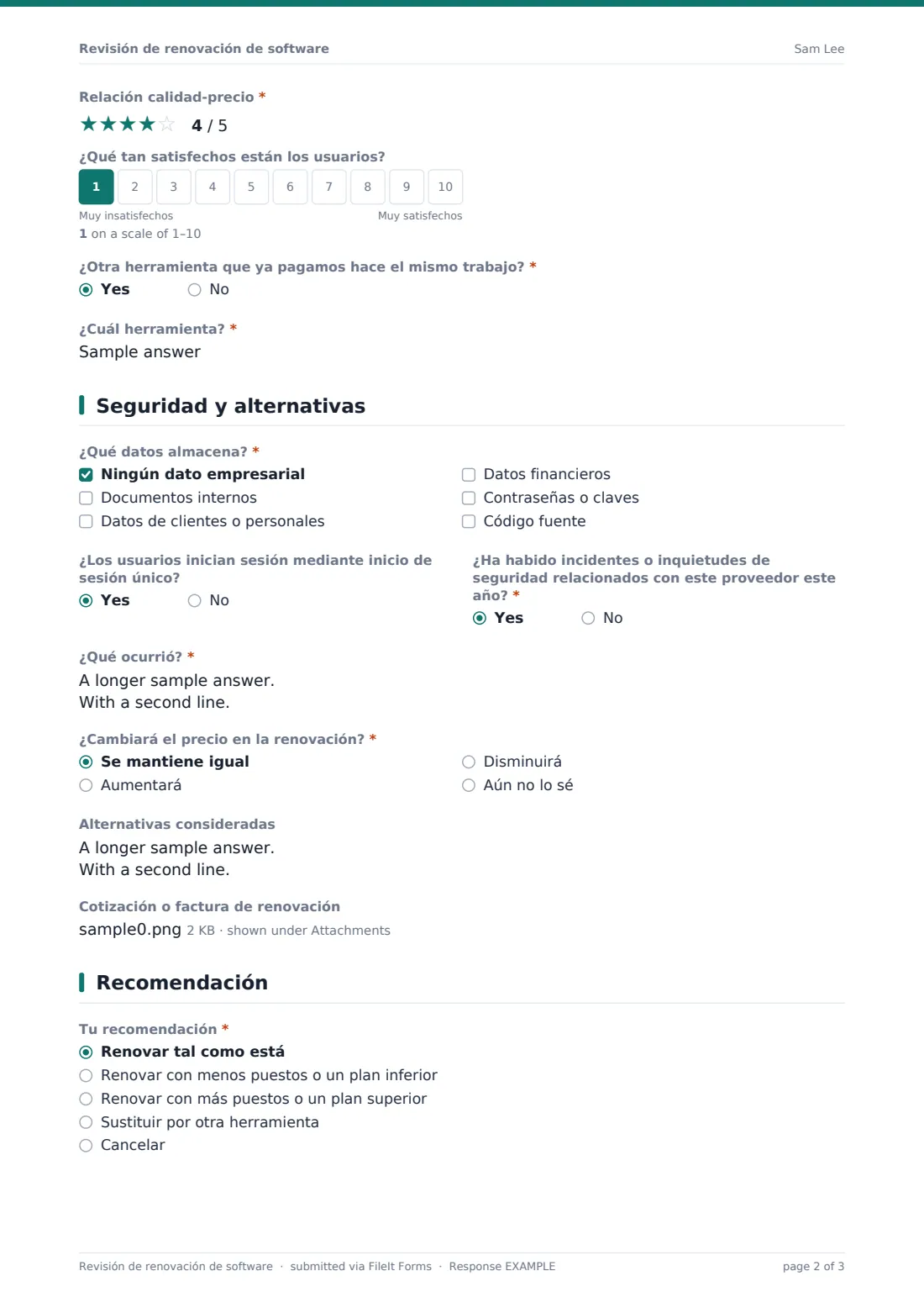 Revisión de renovación de software — PDF de respuesta de ejemplo, página 2 de 3