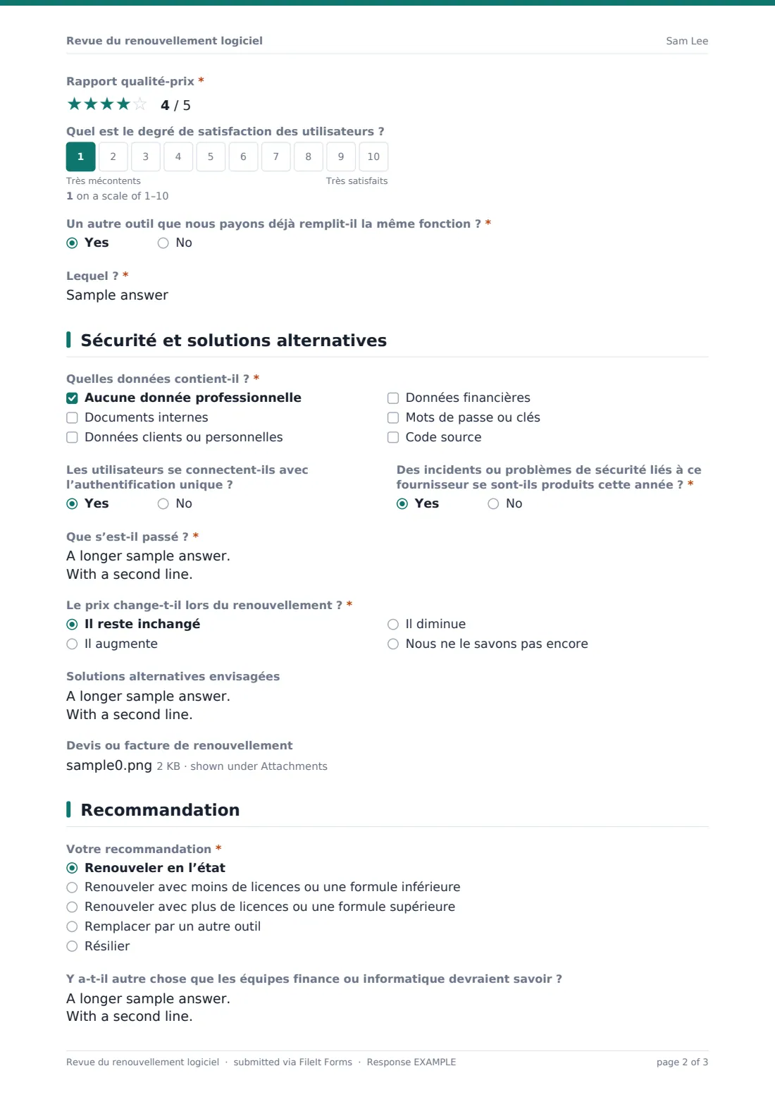 Revue du renouvellement logiciel — exemple de réponse au format PDF, page 2 sur 3