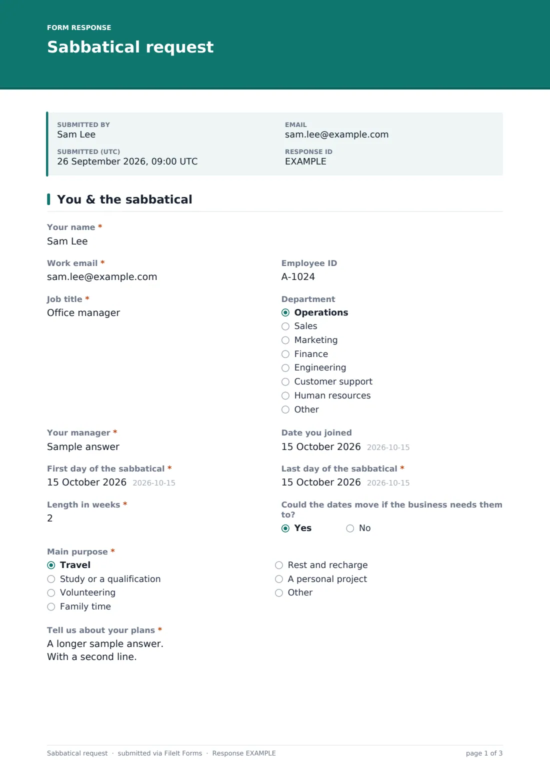 Sabbatical request — example response PDF, page 1 of 3