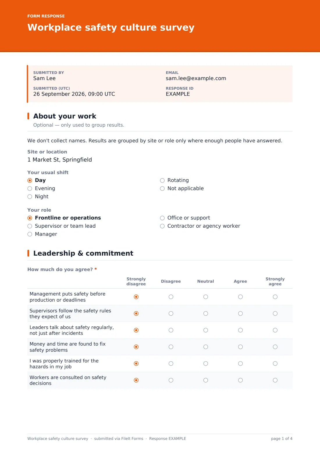 Workplace safety culture survey — example response PDF, page 1 of 4