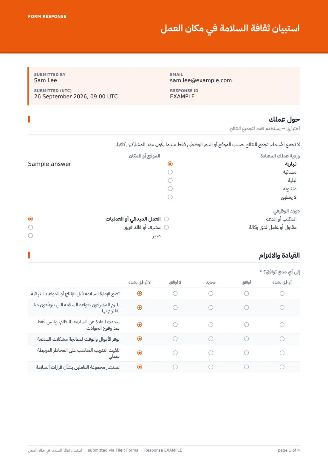 استبيان ثقافة السلامة في مكان العمل — ملف PDF لرد نموذجي، الصفحة 1 من 4