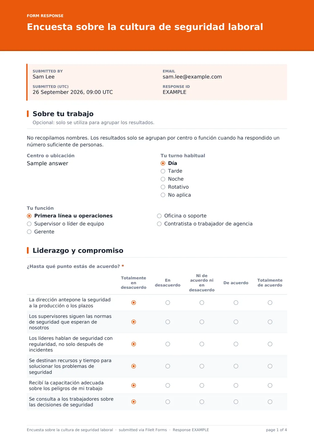 Encuesta sobre la cultura de seguridad laboral — PDF de respuesta de ejemplo, página 1 de 4