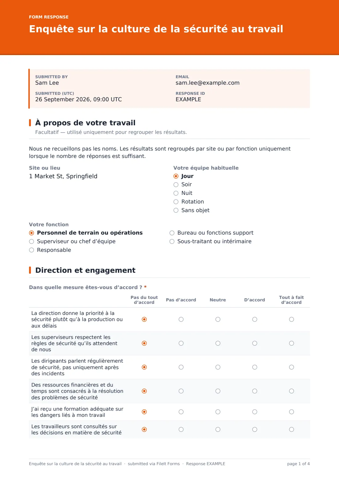 Enquête sur la culture de la sécurité au travail — exemple de réponse au format PDF, page 1 sur 4