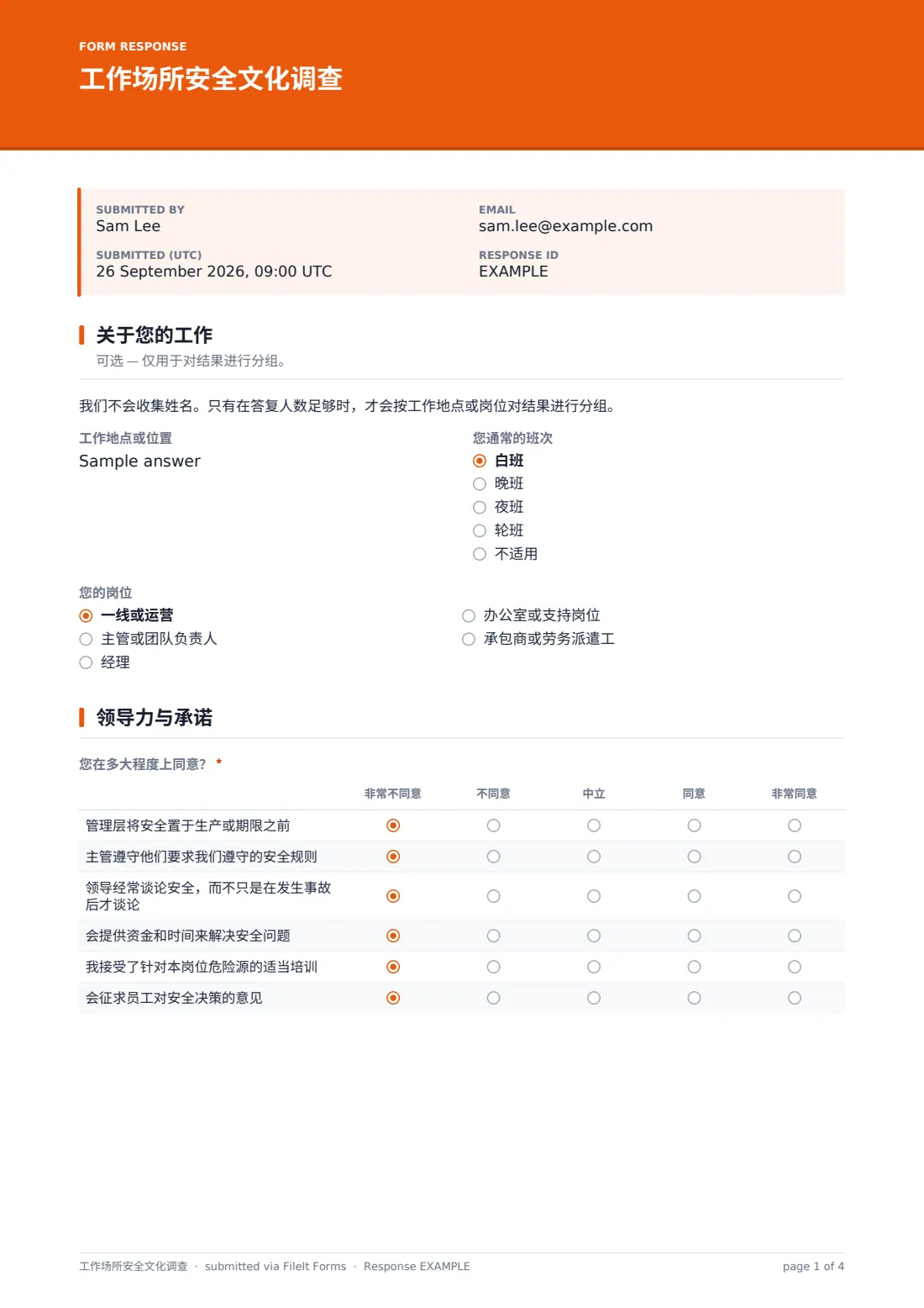 工作场所安全文化调查 — 示例回复 PDF，第 1 页，共 4 页