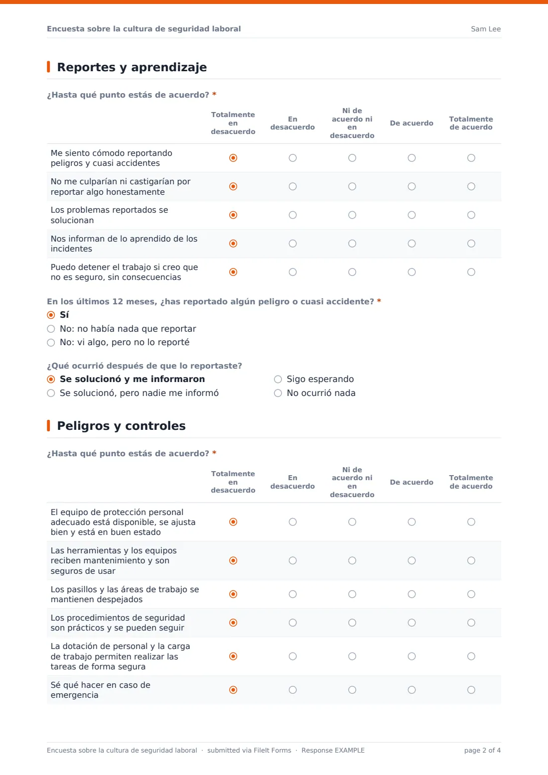 Encuesta sobre la cultura de seguridad laboral — PDF de respuesta de ejemplo, página 2 de 4