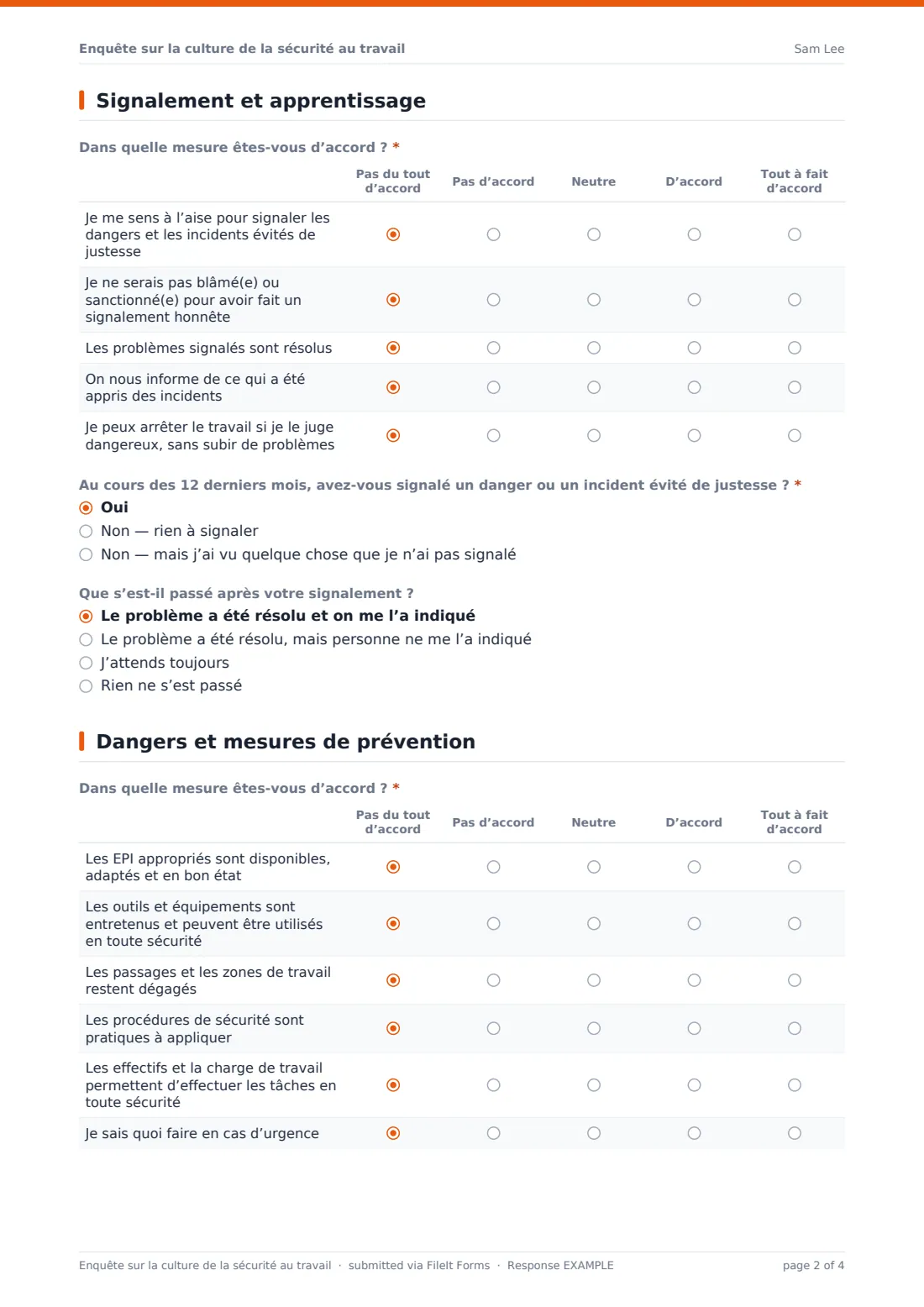 Enquête sur la culture de la sécurité au travail — exemple de réponse au format PDF, page 2 sur 4