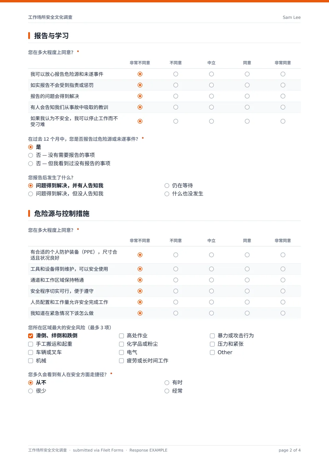 工作场所安全文化调查 — 示例回复 PDF，第 2 页，共 4 页