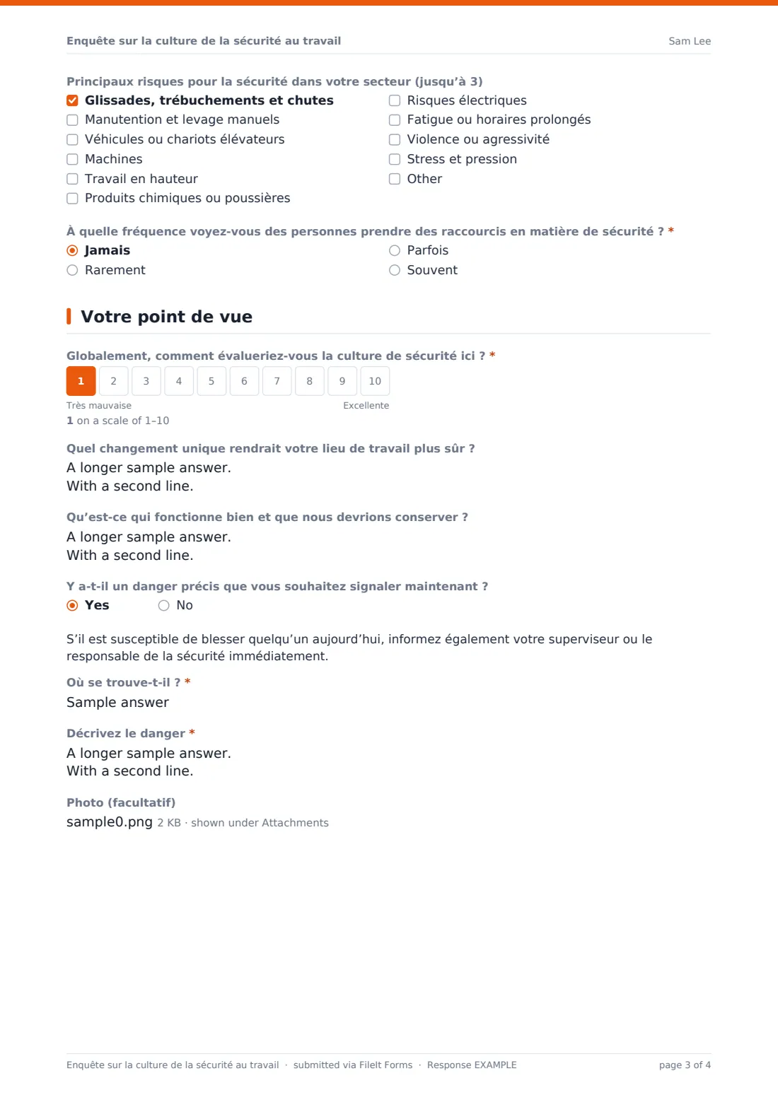 Enquête sur la culture de la sécurité au travail — exemple de réponse au format PDF, page 3 sur 4