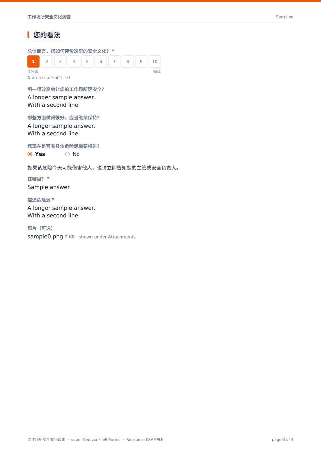 工作场所安全文化调查 — 示例回复 PDF，第 3 页，共 4 页