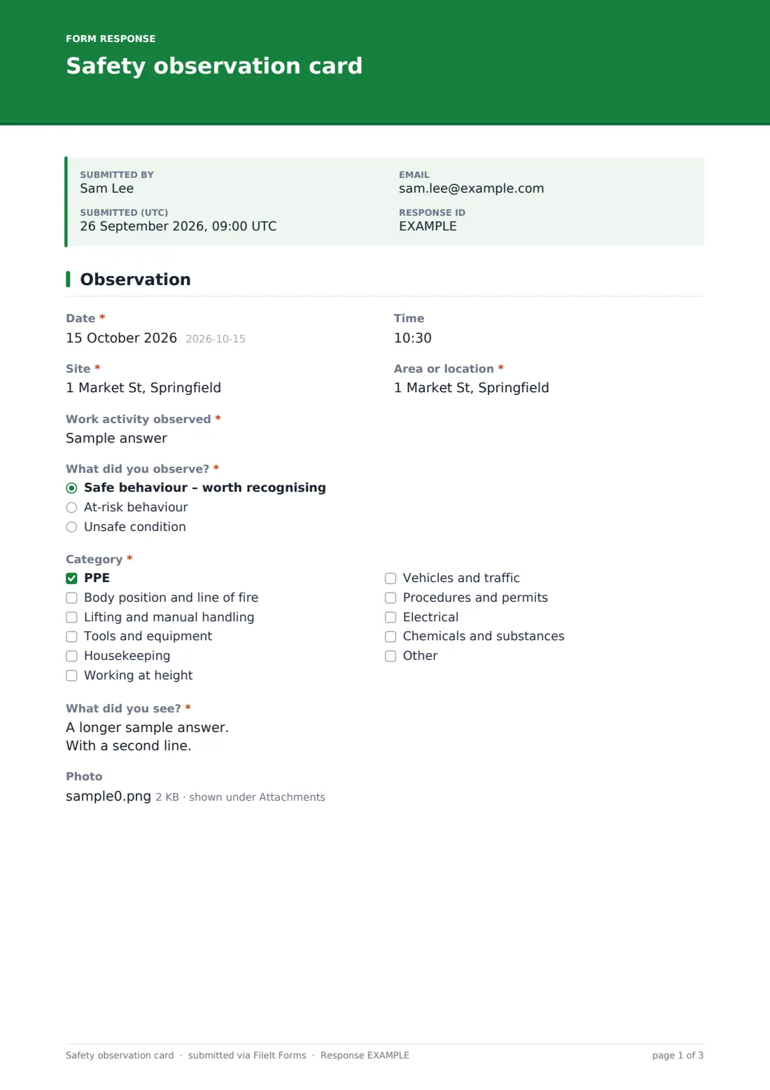 Safety observation card — example response PDF, page 1 of 3