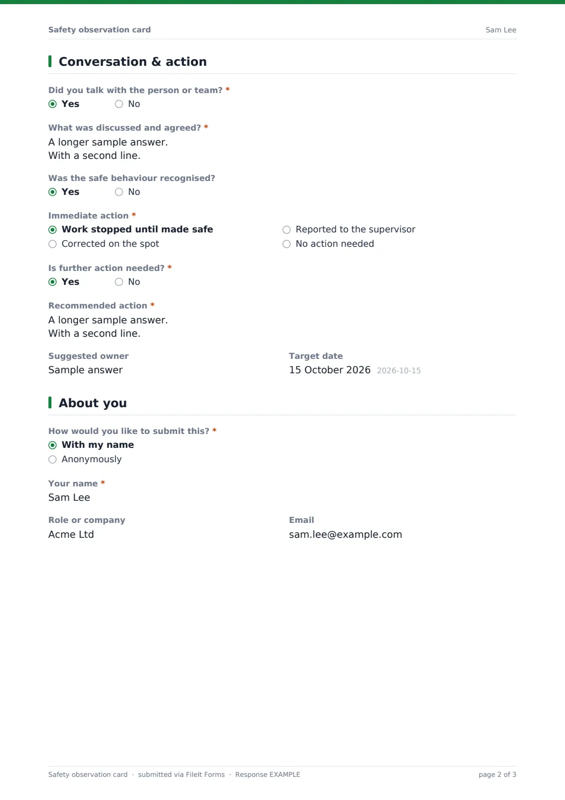 Safety observation card — example response PDF, page 2 of 3