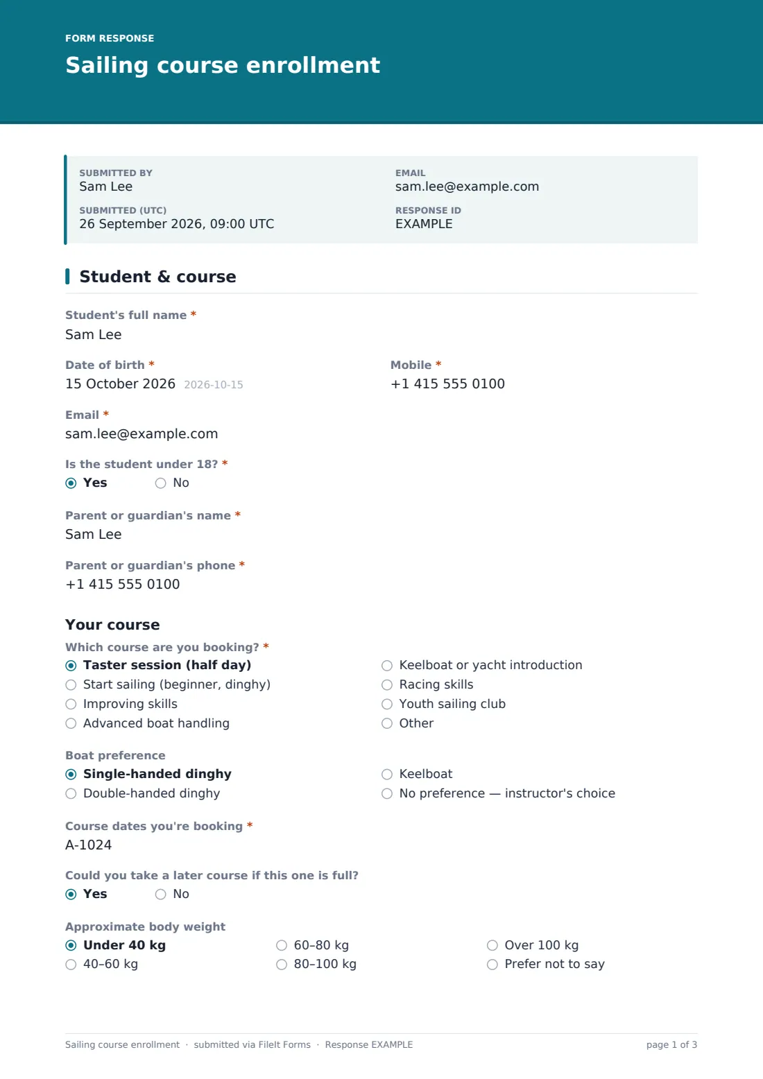 Sailing course enrollment — example response PDF, page 1 of 3