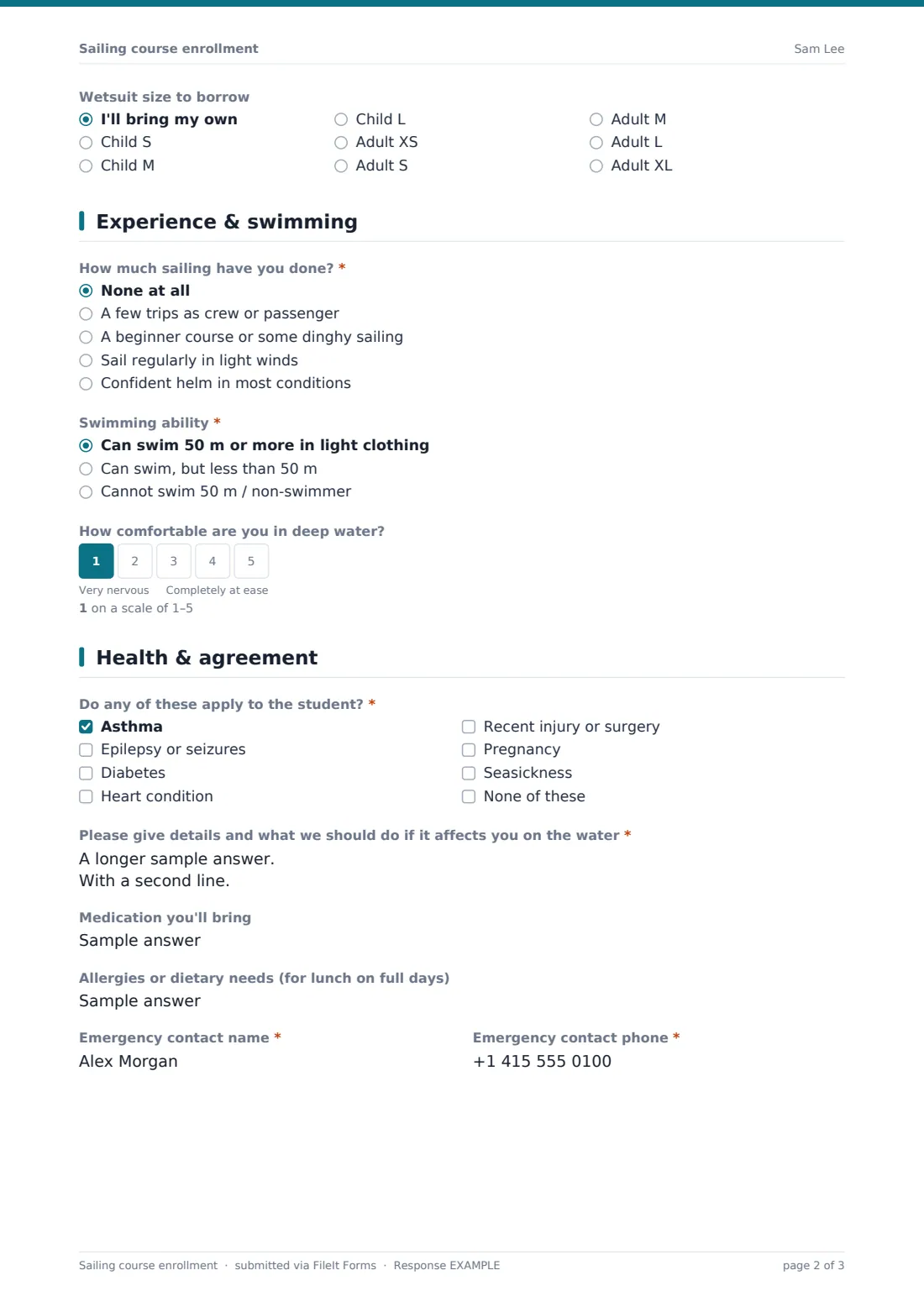Sailing course enrollment — example response PDF, page 2 of 3